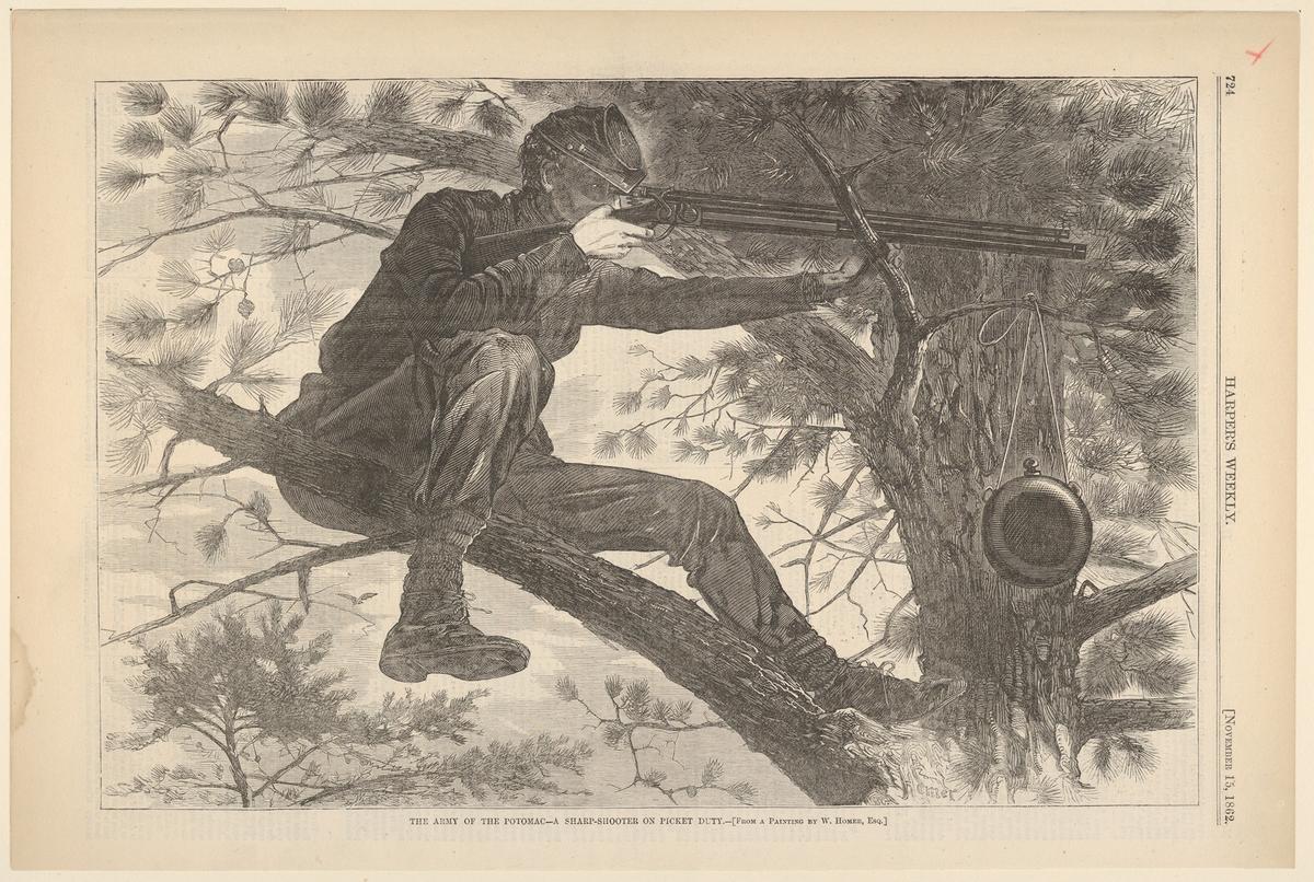 "The Army of the Potomac – A Sharp-Shooter on Picket Duty," from Harper's Weekly, Nov. 15, 1862, by Winslow Homer. Wood engraving; 9 1/8 inches by 13 3/4 inches. Metropolitan Museum of Art, New York City. (Public Domain)