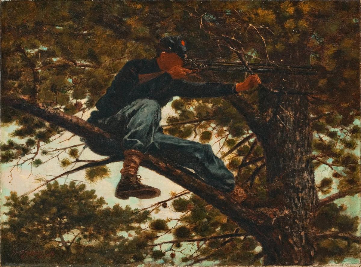 "Sharpshooter," 1863, by Winslow Homer. Oil on canvas; 12 1/4 inches by 16 1/2 inches. Portland Museum of Art. (Public Domain)
