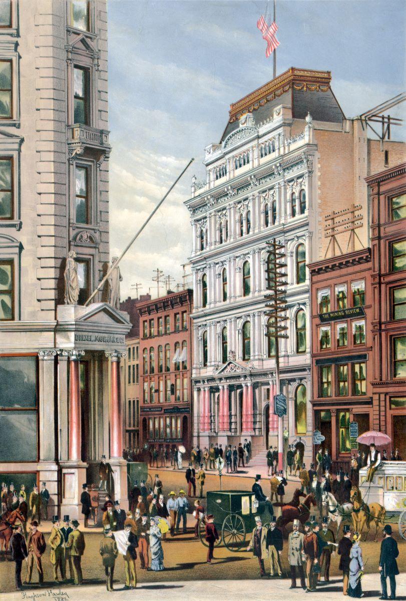 The New York Stock Exchange in 1882 by American illustrator and scenic artist Hughson Hawley. (Public Domain)
