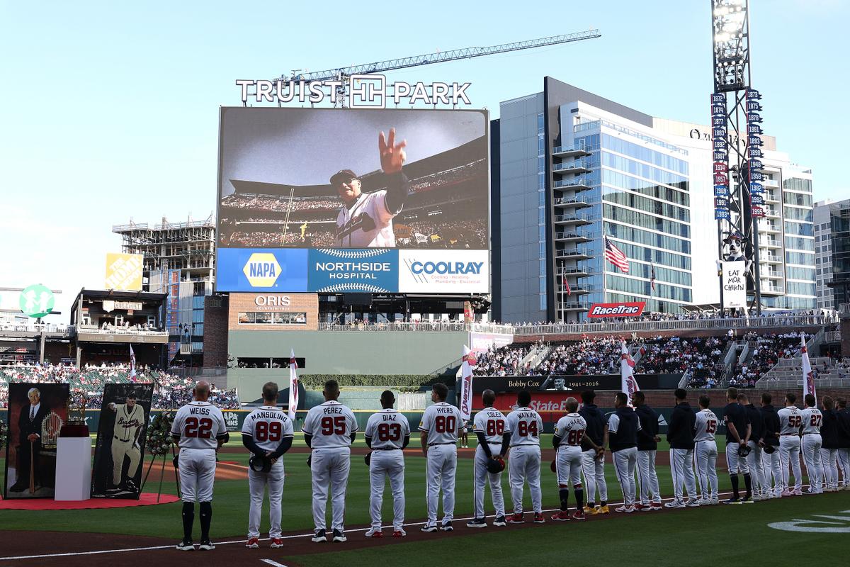 A moment of silence is held for Bobby Cox, Hall of Fame manager for the Atlanta Braves, and CNN founder Ted Turner prior to the game between the Atlanta Braves and the Chicago Cubs in Atlanta, on May 12, 2026. (Kevin C. Cox/Getty Images)