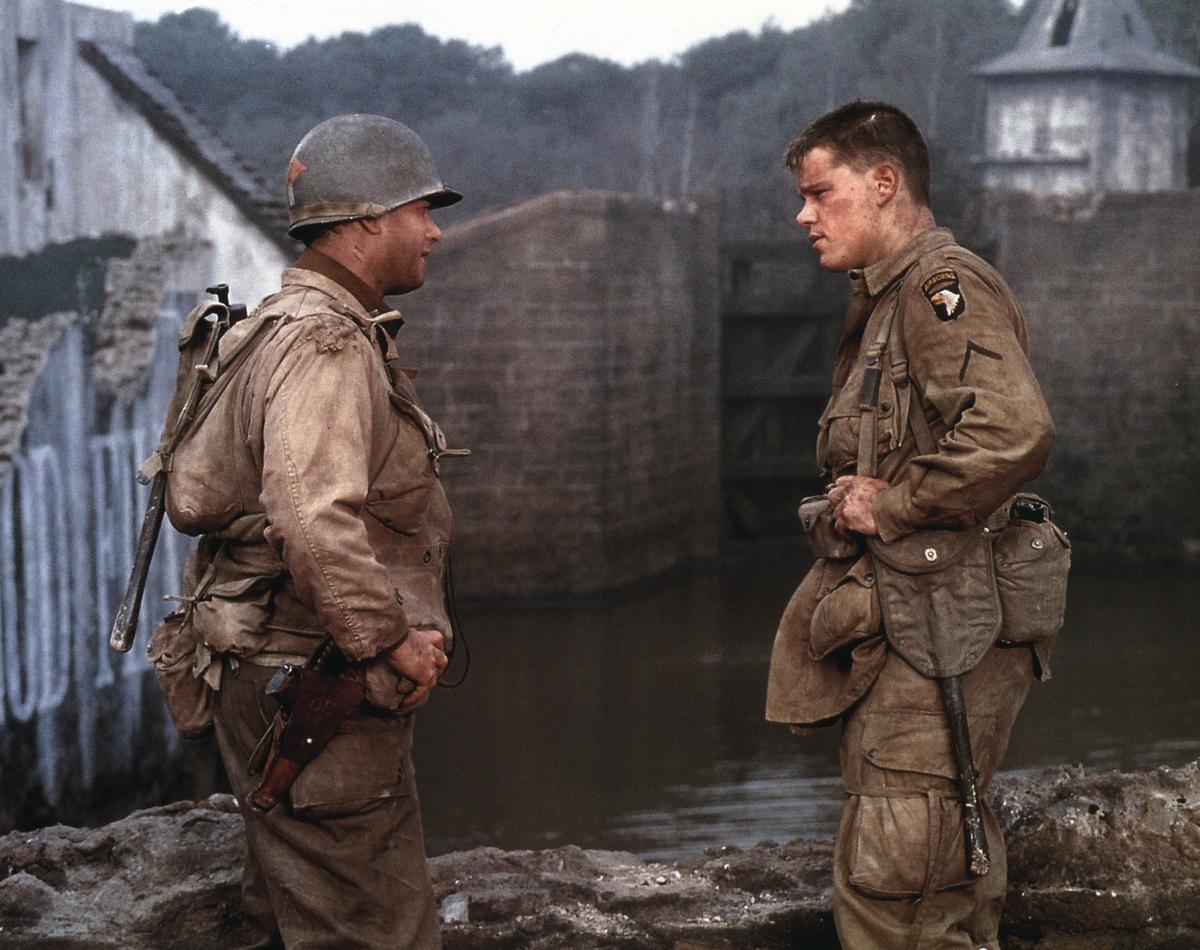Capt. Miller (Tom Hanks) speaks with Pfc. Ryan (Matt Damon) in "Saving Private Ryan." (MovieStillsDB)