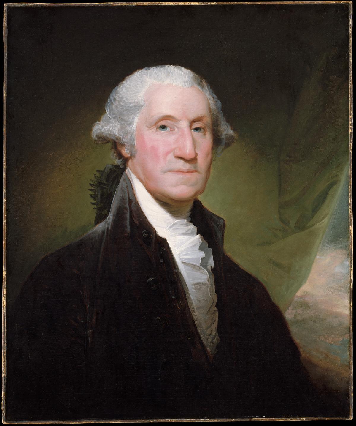 Portrait of George Washington (Vaughan group), begun 1795, by Gilbert Stuart. Oil on canvas; 30 1/4 inches by 25 1/4 inches. Metropolitan Museum of Art, New York City. (Public Domain)