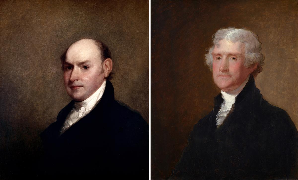 (Left) Portrait of John Quincy Adams, 1818, by Gilbert Stuart. Oil on panel; 26 3/4 inches by 22 inches. White House. (Right) Portrait of Thomas Jefferson, circa 1821, by Gilbert Stuart. Oil on wood; 26 inches by 21 7/16 inches. National Gallery, Washington. (Public Domain)