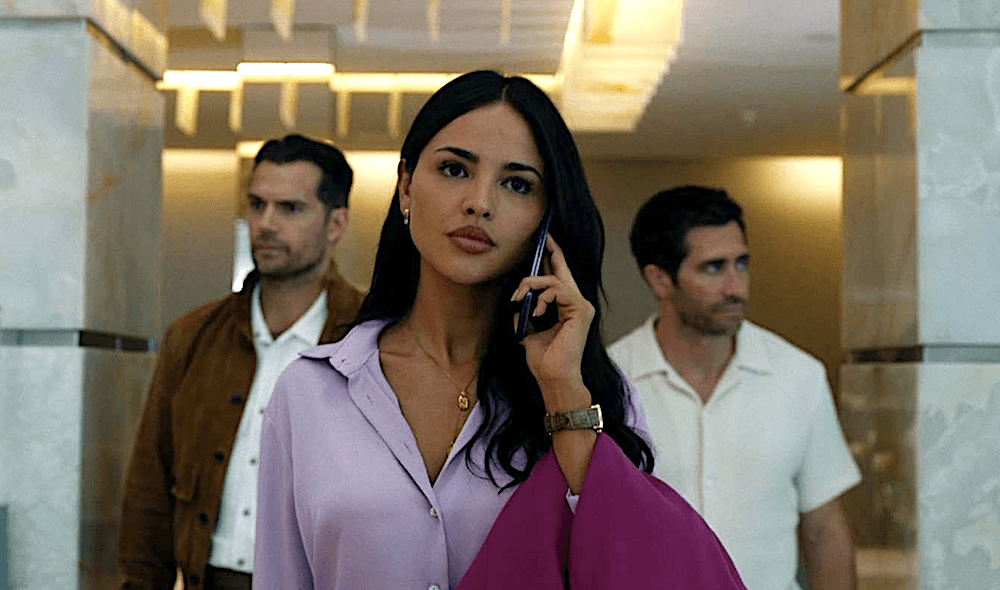 (L–R) Sid (Henry Cavill), Rachel Wild (Eiza González), and Bronco (Jake Gyllenhaal). Sid and Bronco are Rachel's spec ops henchmen in "In the Grey." (Black Bear Pictures)