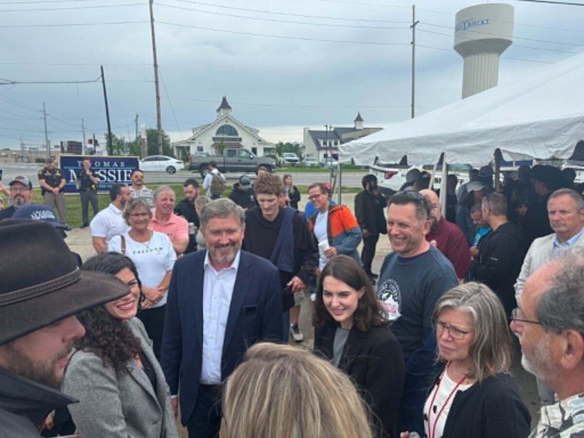 Rep. Thomas Massie (R-Ky.) talks to supporters at a campaign rally in Florence, Ky., on May 16, 2026. (Jeff Louderback/The Epoch Times)