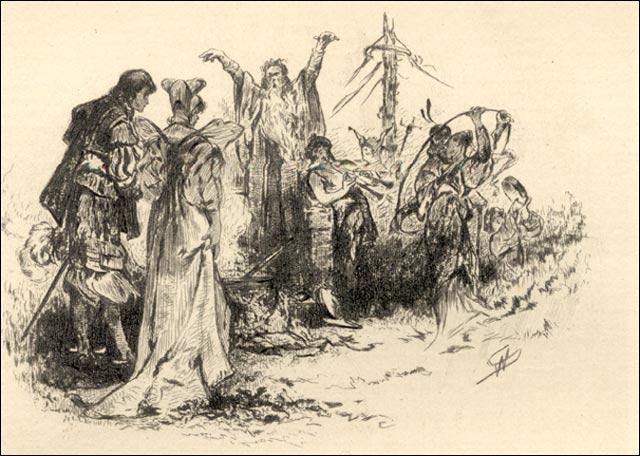 Illustration to Nathaniel Hawthorne's short story "The May-Pole of Merry Mount," on which Hanson's opera "Merry Mount" is based. (Public Domain