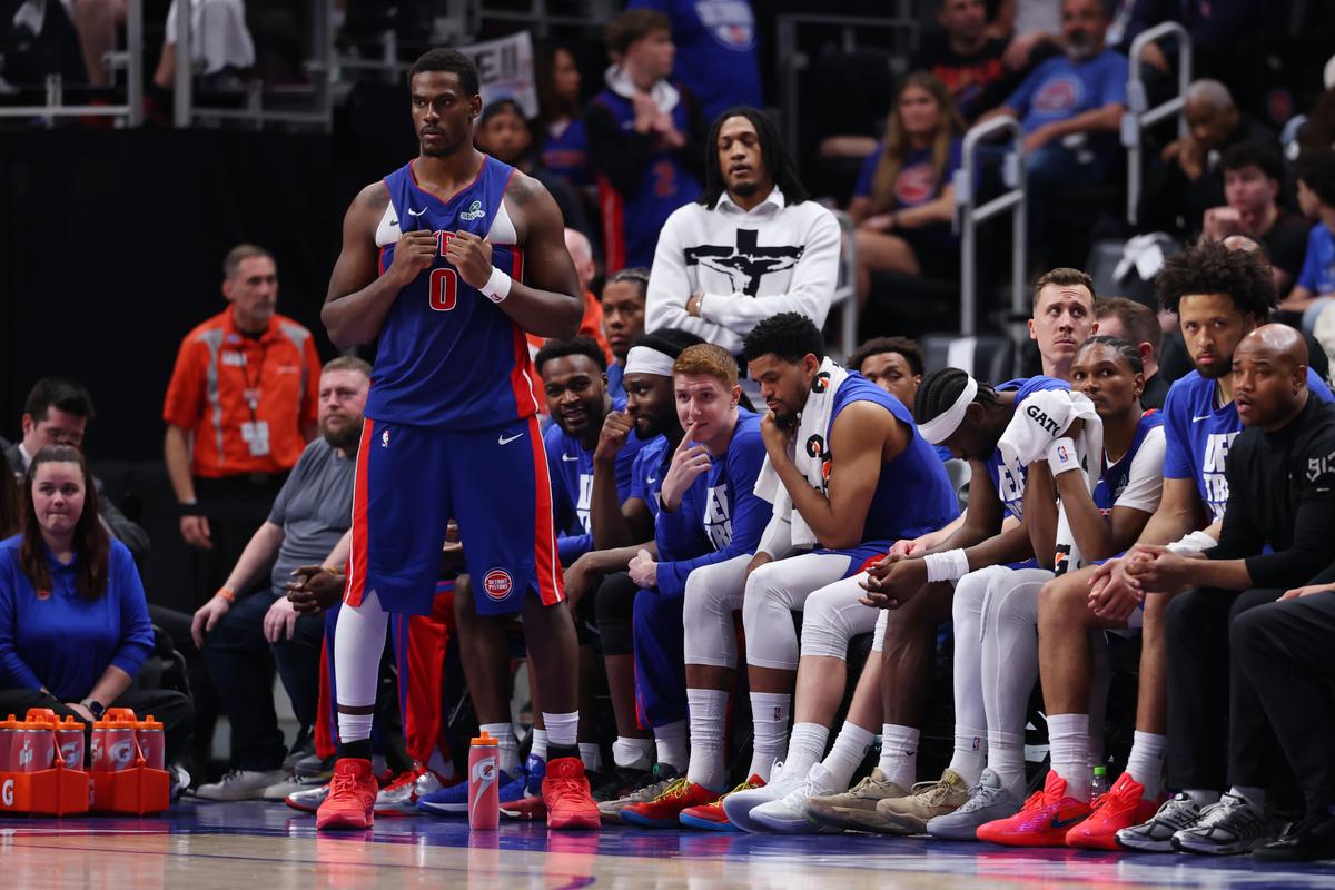 Jalen Duren #0 of the Detroit Pistons and teammates look on from the bench during the fourth quarter against the Cleveland Cavaliers in Game Seven of the Second Round of the NBA Eastern Conference Playoffs at Little Caesars Arena in Detroit, Mich., on May 17, 2026. (Gregory Shamus/Getty Images)