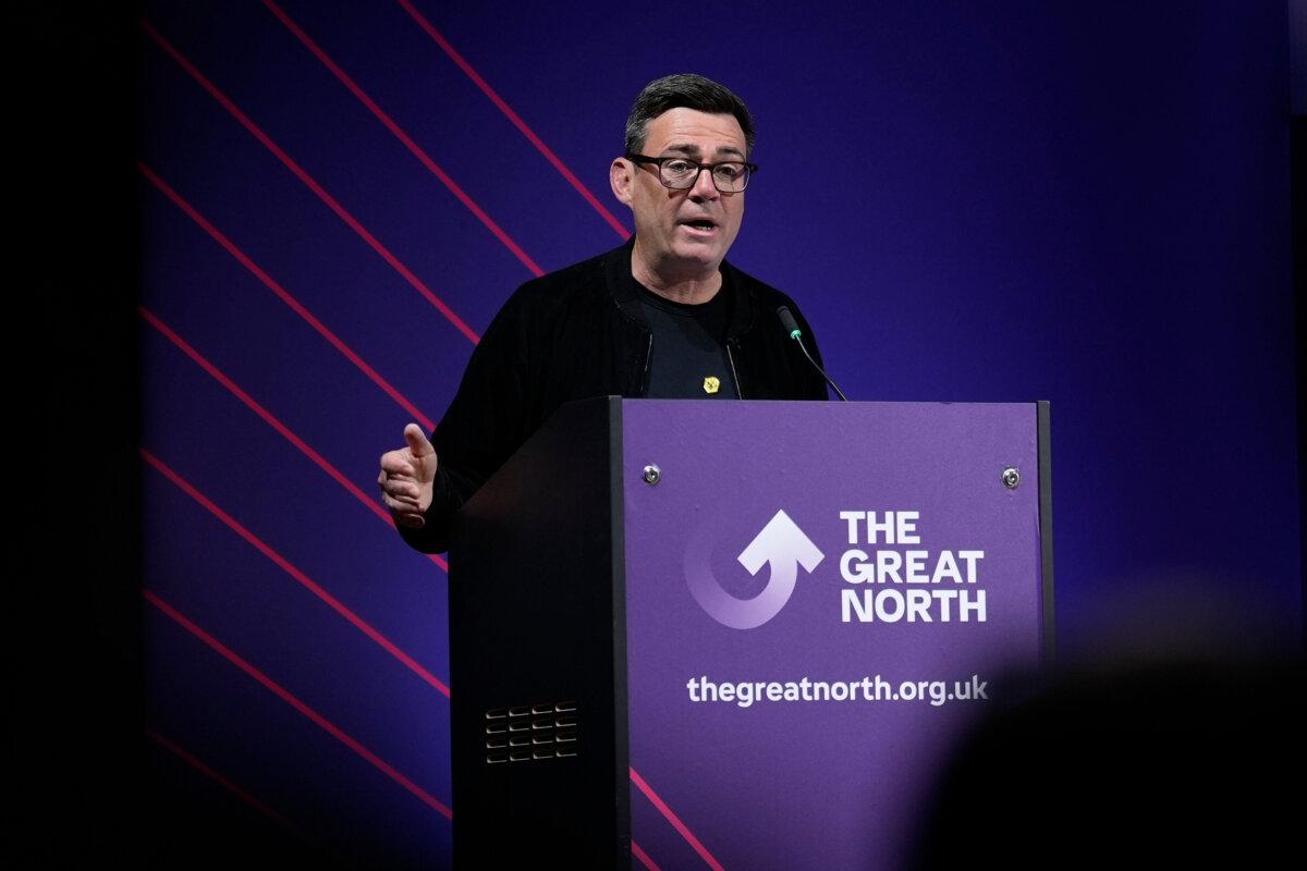 Greater Manchester's Labour Mayor Andy Burnham speaks at The Great North Investment Summit at the Royal Armouries Museum in Leeds, England, on May 18, 2026. (Peter Byrne/PA via AP)