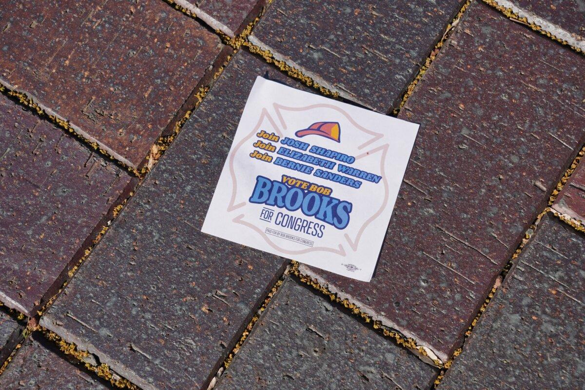 A flier from the Bob Brooks campaign seen near the Bethlehem Visitors Center in Bethlehem, Penn., on May 19, 2026. (Jacob Burg/The Epoch Times)