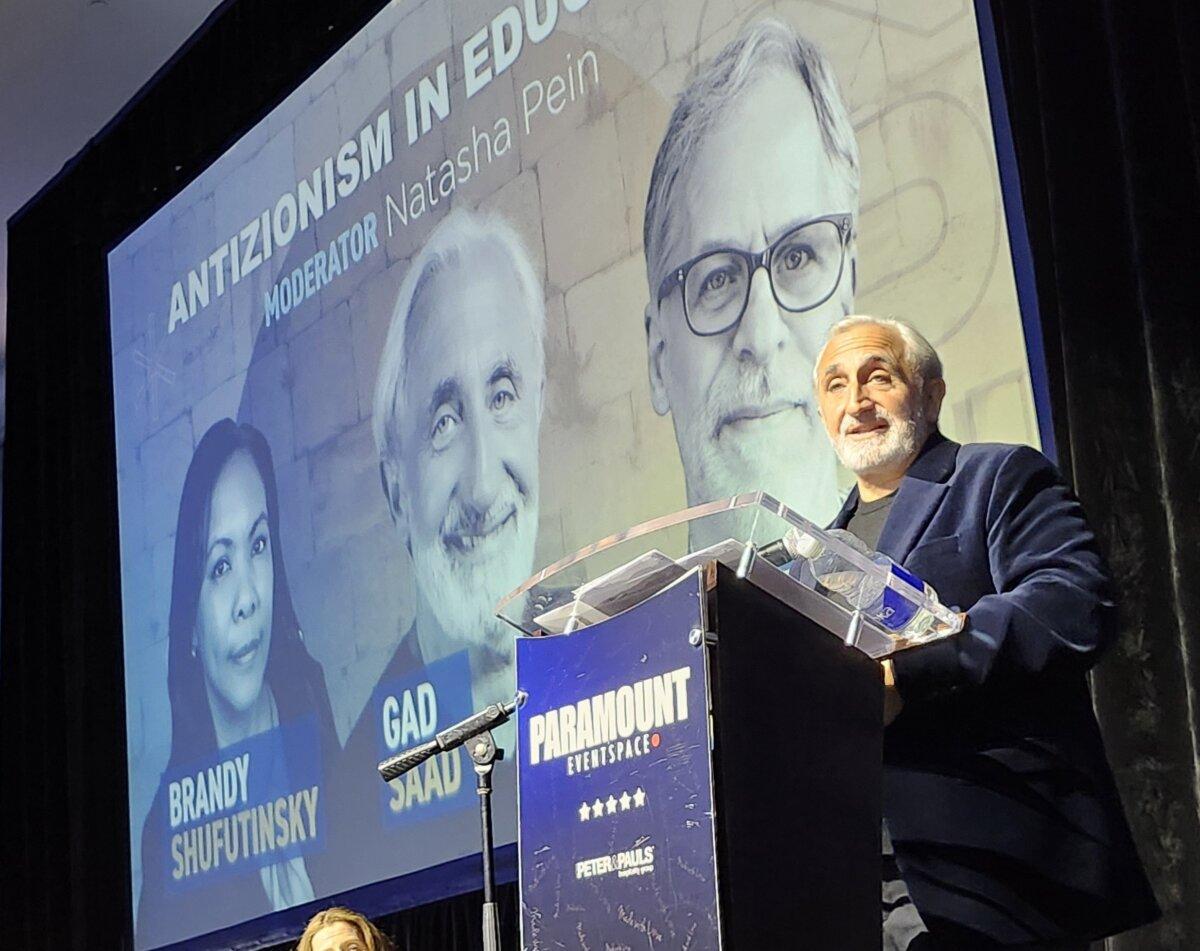 Academic and author Gad Saad speaks at the World Symposium Against Antizionism in Toronto on May 17, 2026. (Dave Gordon for The Epoch Times)