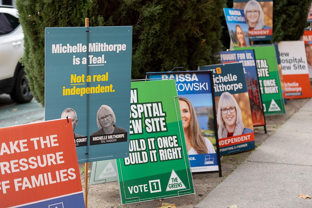 Placards for various candidates stand outside a pre-polling centre ahead of the Farrer by-election in Albury, Australia on May 7, 2026. (Jesse Thompson/Getty Images)