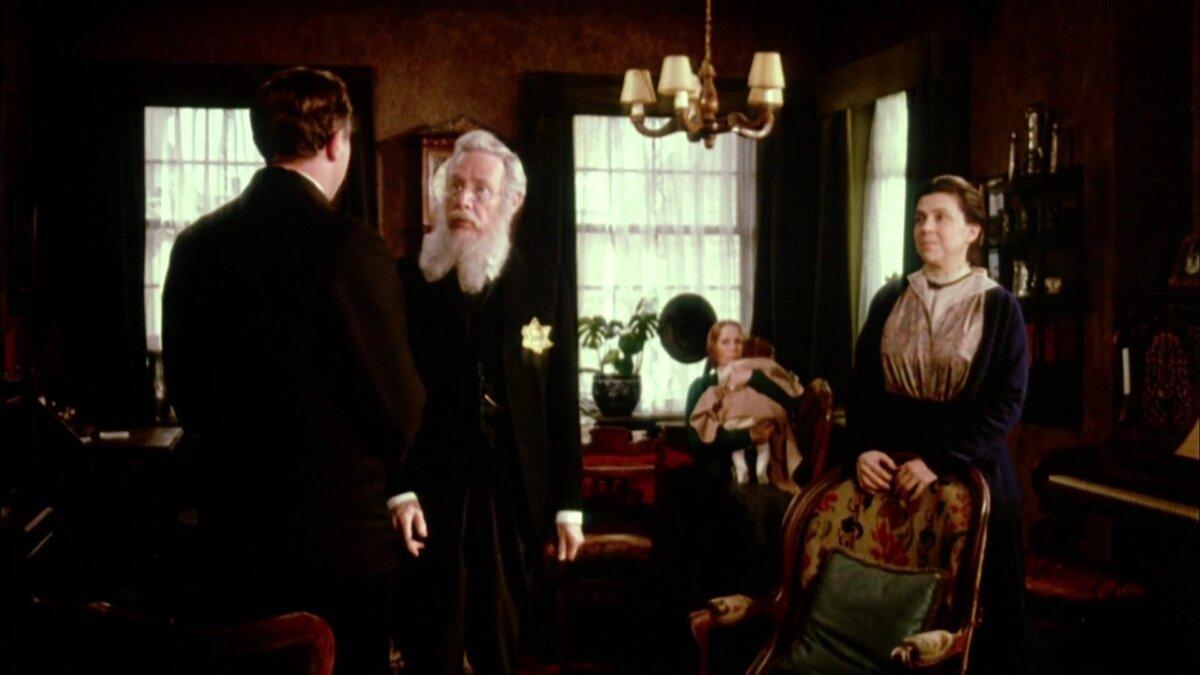(L–R) Pastor De Ruiter (Nigel Hawthorne), Casper ten Boom (Arthur O’Connell), Betsie ten Boom (Julie Harris), and Corrie ten Boom (Jeannette Clift), in “The Hiding Place.” (World Wide Pictures)