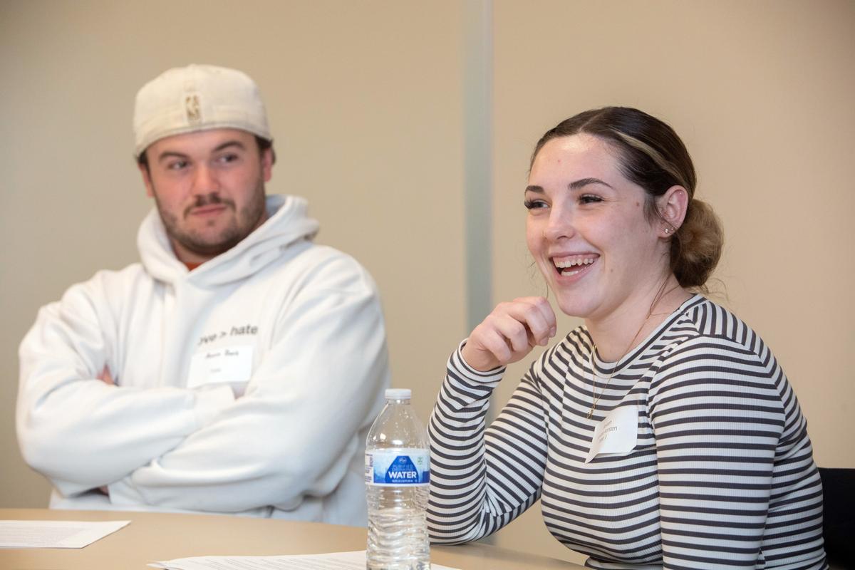 Nevaeh Serrano laughs during the Bridging the Divide event at the University of Wisconsin, Oshkosh, on April 30, 2026. (Daniel Kramer for The Epoch Times)