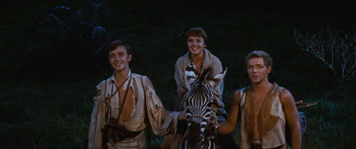 (L–R) Ernst Robinson (Tommy Kirk), Roberta (Janet Munro), and Fritz (James MacArthur), in “Swiss Family Robinson.” (Walt Disney Pictures)