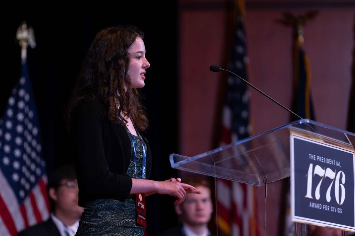 Summer Brondstetter, a junior from Mercer Island High School near Seattle, answers a question about the Constitution during the semifinal round of the Presidential 1776 Award national scholarship competition in Washington on May 2, 2026. (Courtesy of the U.S. Department of Education)