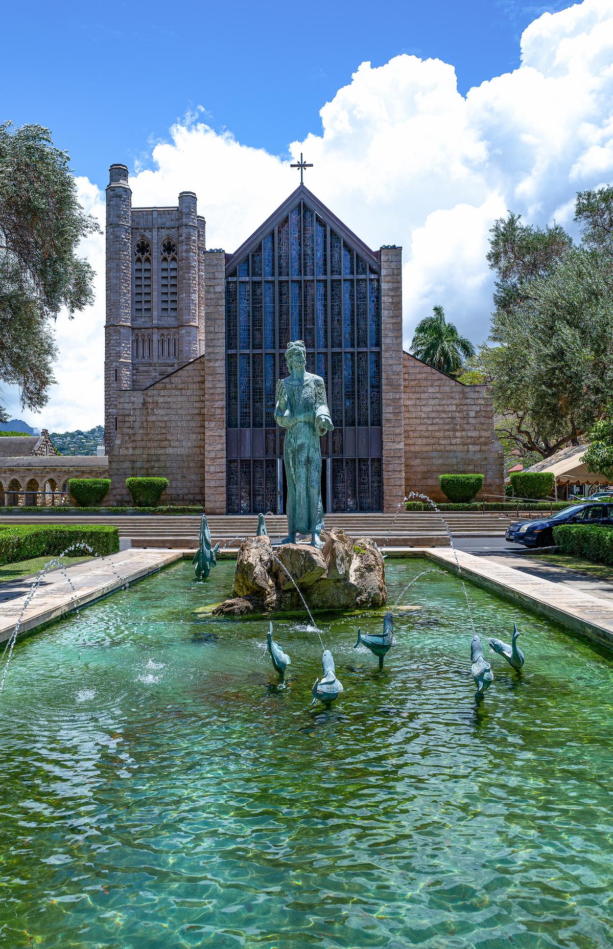 Named for a disciple of Jesus, the Cathedral of St. Andrew features a 40-by-80-foot, limestone-bordered pool with a 10-foot bronze statue representing the imagined likeness of the fisherman turned missionary. Unveiled on Dec. 24, 1959, the St. Andrew statue sits atop a rock and is surrounded by fish fountains to convey the church's location on a Hawaiian island. “Go ye into the world and preach the Gospel to every creature” is a directive from the book of Matthew in the Bible; this verse is inscribed in the stone pedestal. (Gimas/Shutterstock)