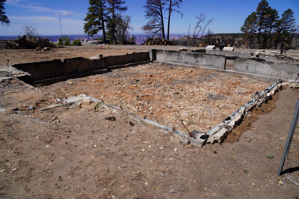 A building foundation at the Grand Canyon North Rim Visitor Center, Ariz., on May 19, 2026. (Allan Stein/The Epoch Times)