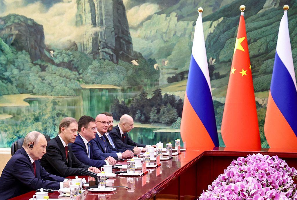 Russian President Vladimir Putin (L) takes part in a meeting with Chinese leader Xi Jinping in Beijing on May 20, 2026. (Alexander Kazakov/Pool/AFP via Getty Images)