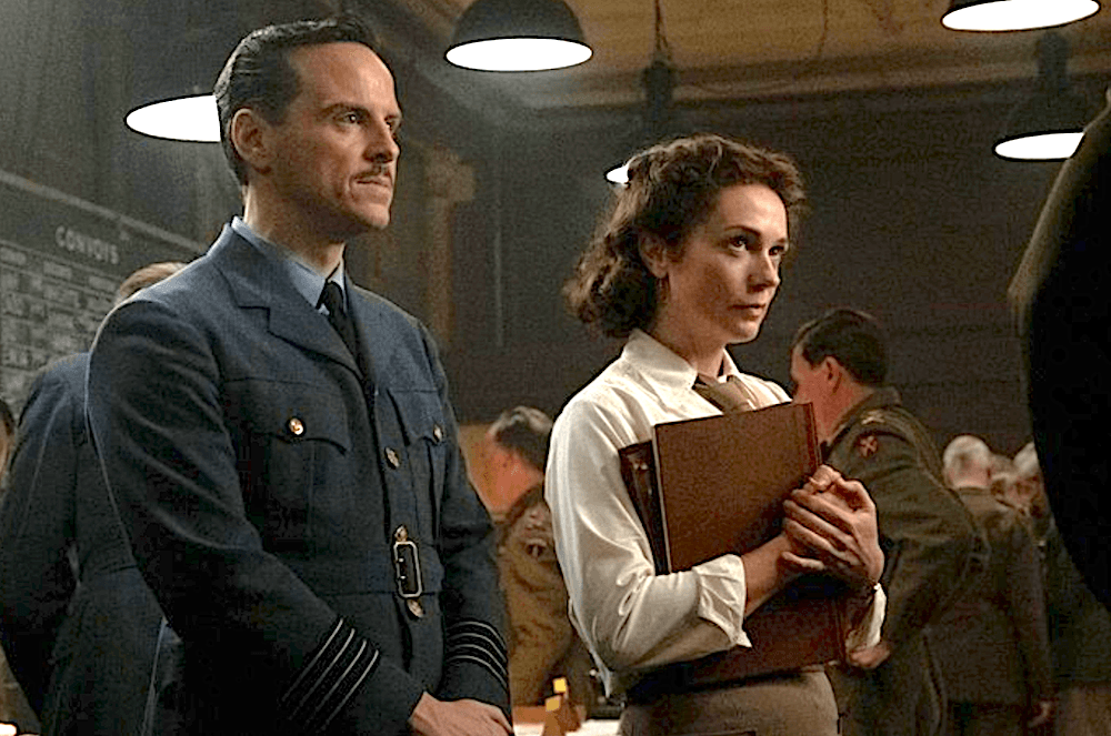 <span class="photoCaption c-gray700 block ya">Capt. James Stagg (Andrew Scott) and Capt. Kay Summersby, personal assistant to Eisenhower (Kerry Condon), in </span>"Pressure." (Working Title Films/StudioCanal)