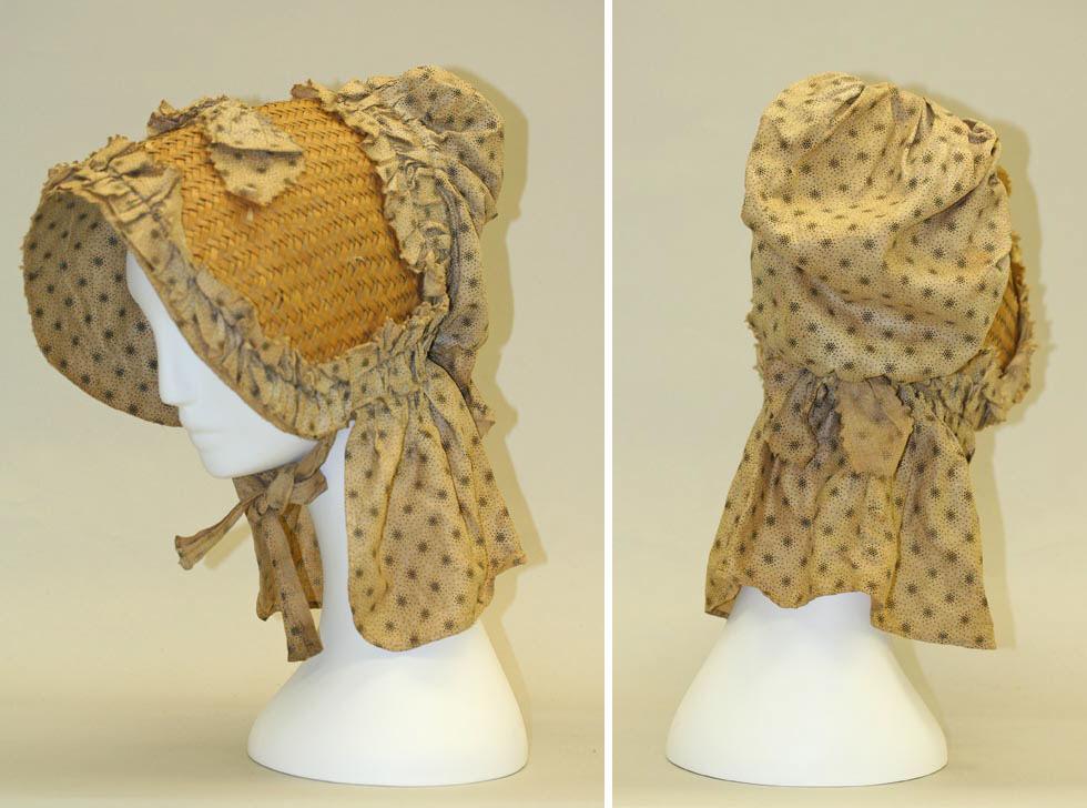 This circa 1838 bonnet was made of cotton in America. Wide-brimmed straw bonnets were a practical necessity for Victorian women, who prized pale skin as a mark of the leisure class. This example, in straw and cotton, offered reliable protection against the sun without sacrificing elegance. Metropolitan Museum of Art, New York City. (Public Domain)