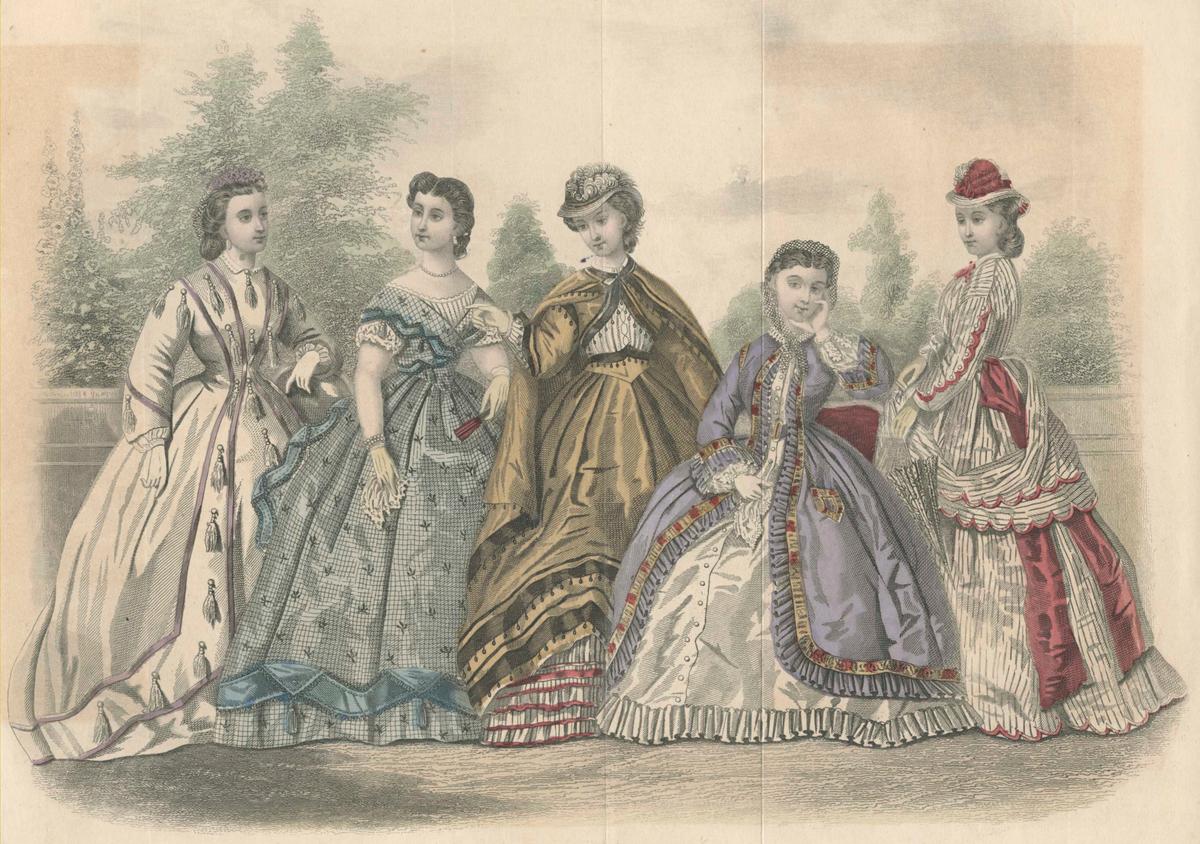 Illustration of ladies fashion from the June 1865 edition of Godey's Lady's Book. (L–R) The morning dress, afternoon dress, promenade dress, morning costume, and a dress of white organdy muslin. (Kean Collection/Getty Images)