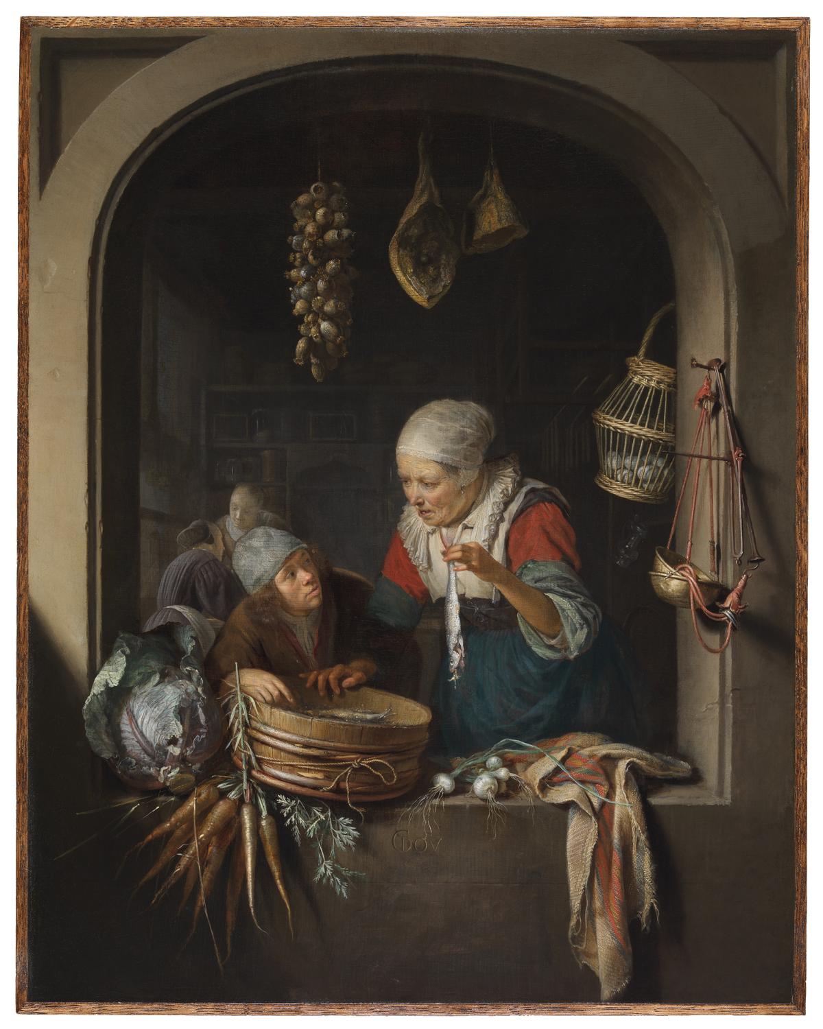 "Herring Seller and Boy," circa 1664, by Gerrit Dou. Oil on panel; 17 1/8 inches by 13 5/8 inches. In the Netherlands and New Amsterdam, shopkeeping was a common way for a woman to make a living. (Courtesy of The Leiden Collection, New York)