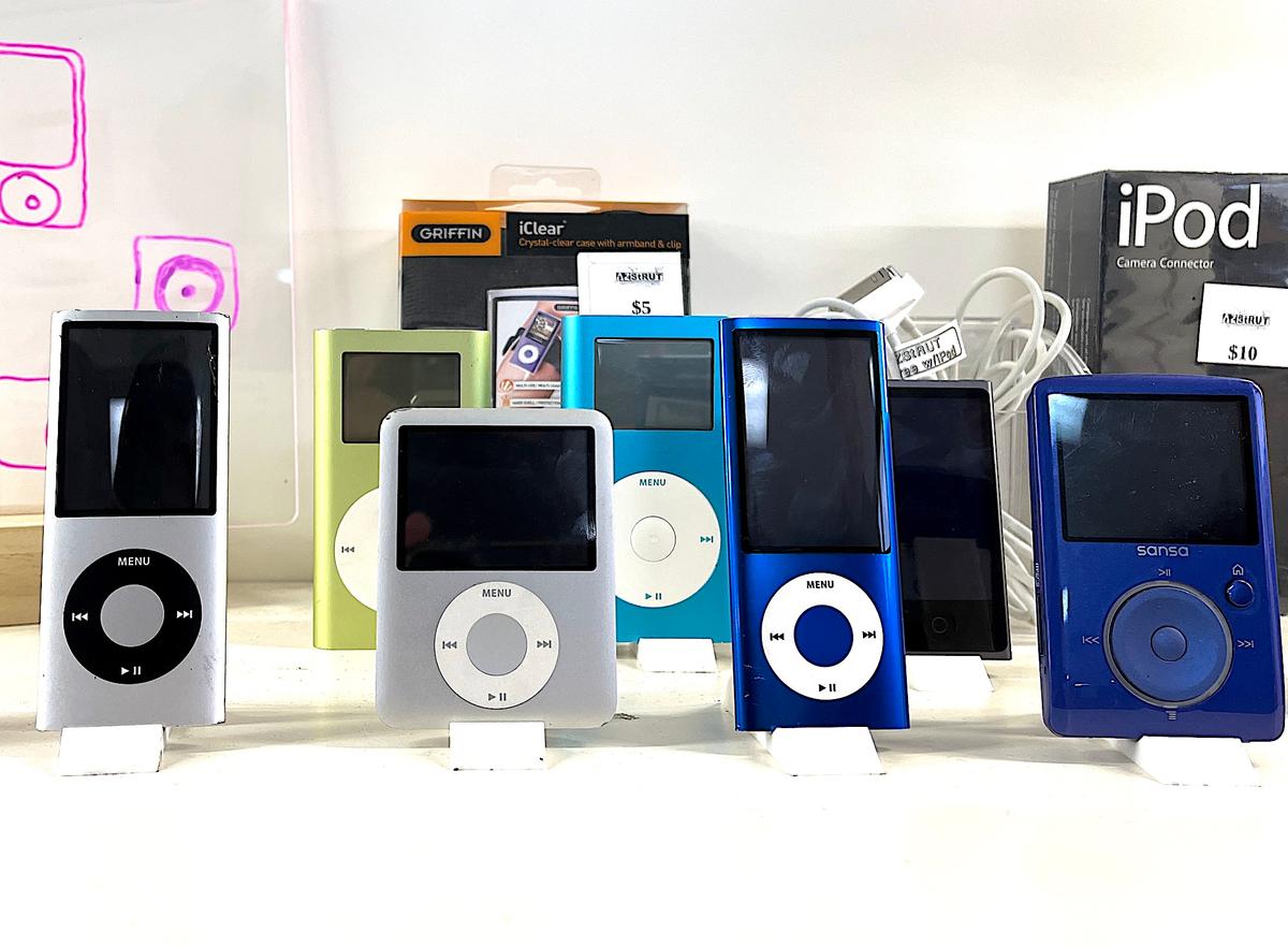 Old iPod music players, given new life, on display for sale at Arizona StRUT in Tempe, Ariz., on May 20, 2026. (Allan Stein/The Epoch Times)