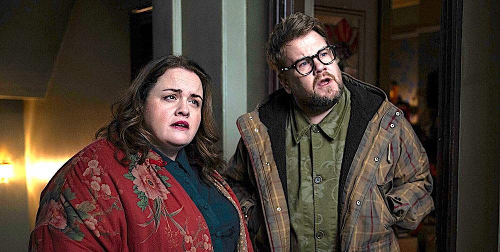 The "heirs abhorrent," Sallie Milton Sklar (Jessica Gunning) and Barnaby Sklar (James Corden), in "The Christophers." (Claudette Barius/NEON)
