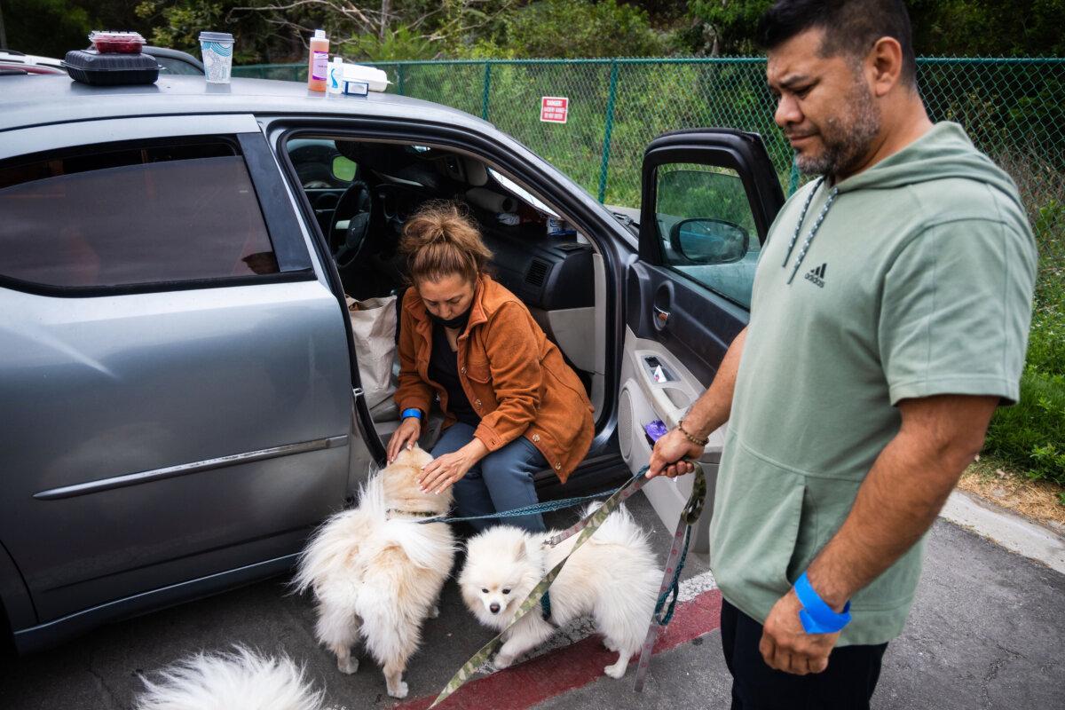 People tend to their pets outside Freedom Hall, an evacuation center in Fountain Valley, Calif., on May 25, 2026. (Ethan Swope/AP)