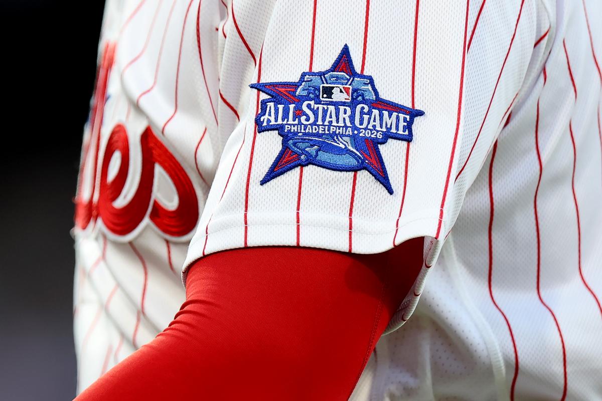 The 2026 All Star Game patch on the jersey of Kyle Schwarber of the Philadelphia Phillies on Opening Day against the Texas Rangers at Citizens Bank Park in Philadelphia, Pa., on March 26, 2026. (Emilee Chinn/Getty Images)
