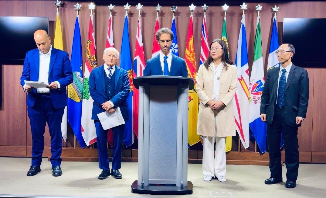 (L-R) Joel Etienne, legal advisor for the Falun Dafa Association of Canada; David Matas, international human rights lawyer; Joel Chipkar, spokesperson for the Falun Dafa Association of Canada; and Kelly Cong and He Lizhi, both Falun Dafa practitioners, at a press conference on Parliament Hill in Ottawa on May 28, 2026 (The Epoch Times)