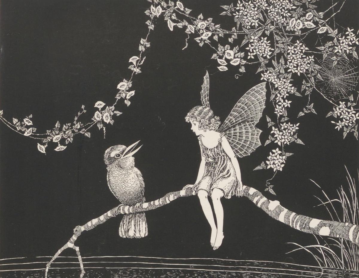 A detailed illustrated plate of a kookaburra from "Fairyland,” 1926, by Ida Rentoul Outhwaite. Internet Archive. (Public Domain)