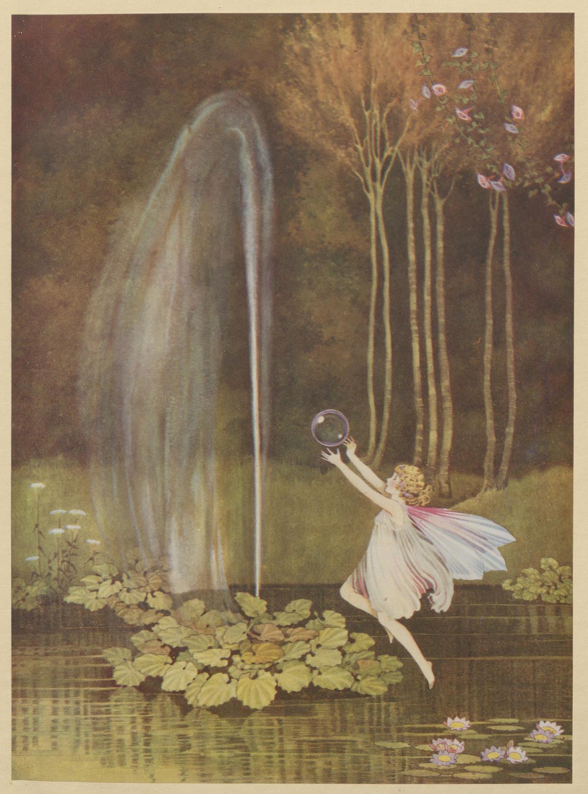 "Fairy Frolic" from "Fairyland,” 1926, by Ida Rentoul Outhwaite. Accompanying a poem by Outhwaite's sister Anne Rentoul, the illustration portrays a delighted fairy playing with a fragile, shimmering bubble. Internet Archive. (Public Domain)