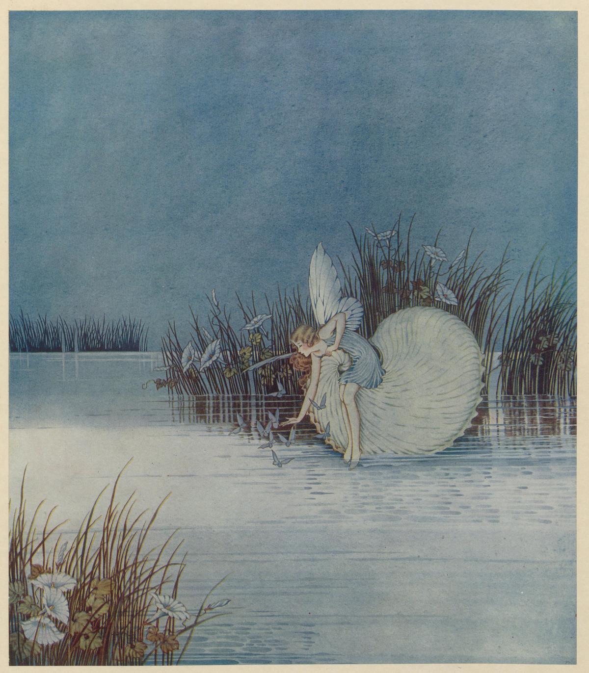 "The Nautilus Fairy" from "Fairyland,” 1926, by Ida Rentoul Outhwaite. Her use of watercolors shines in this dreamy illustration, in which a fairy pauses at the edge of a glimmering blue pool. Internet Archive. (Public Domain)