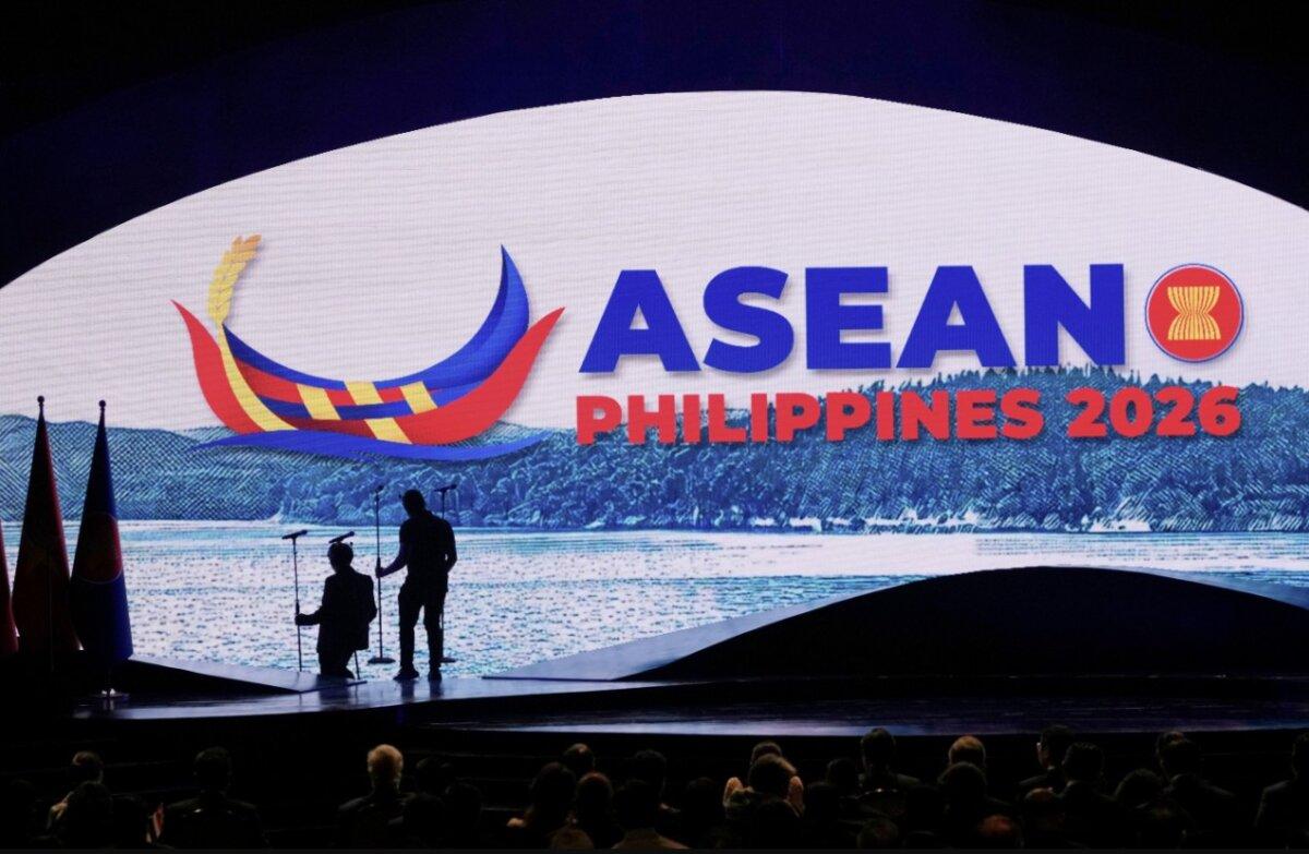 Workers arrange microphones on the stage before the opening ceremony of the 48th ASEAN summit and related meetings in Cebu, Philippines, on May 8, 2026. (Aaron Favila/AP)