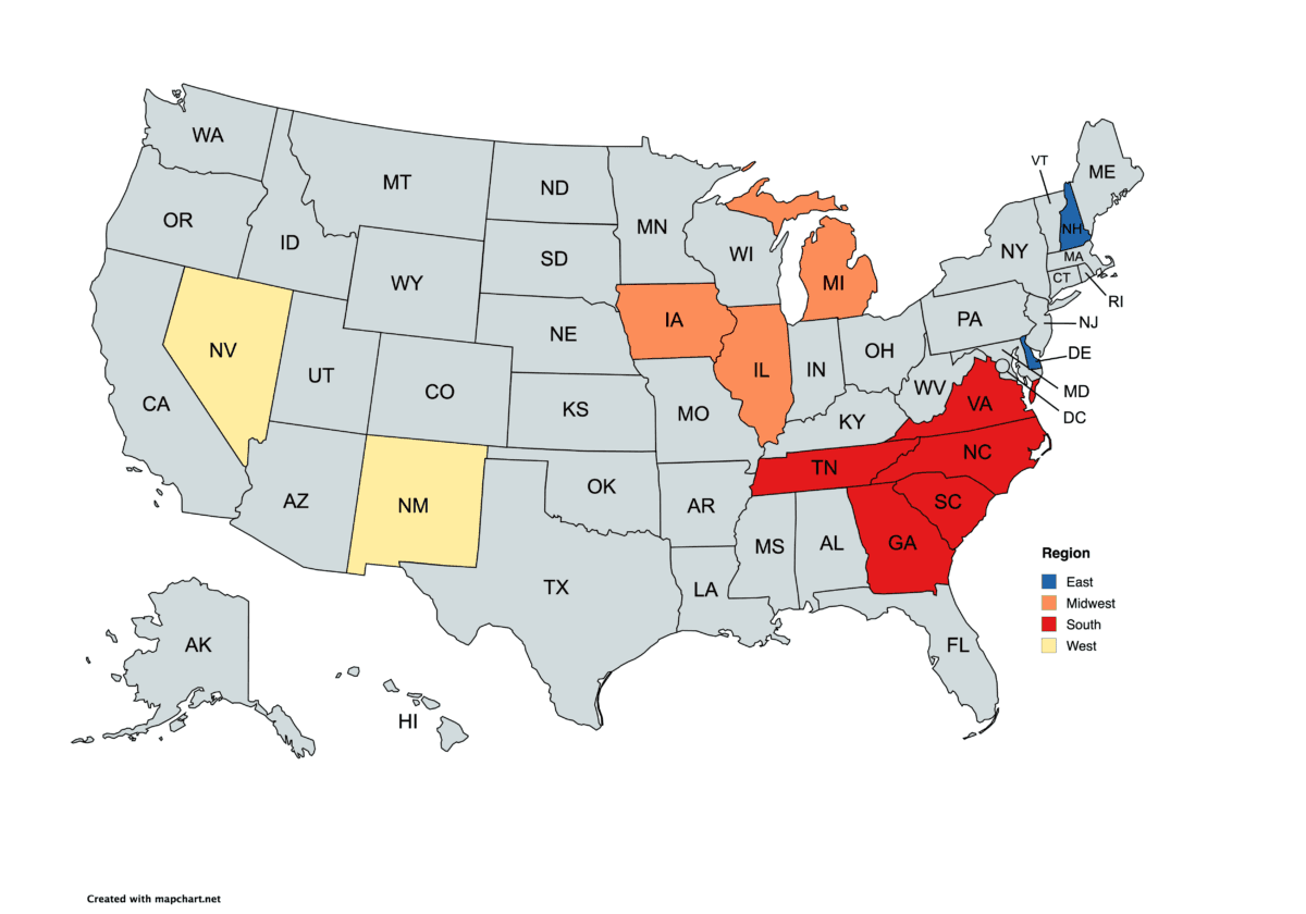The 12 states that asked the DNC to vote early in the 2028 Democratic primary, grouped by region. (Illustration created by The Epoch Times with mapchart.net)