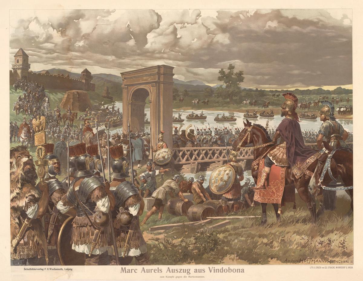 "Marcus Aurelius' expedition from Vindobona" by Anton Hoffmann, 1920. (Public domain)