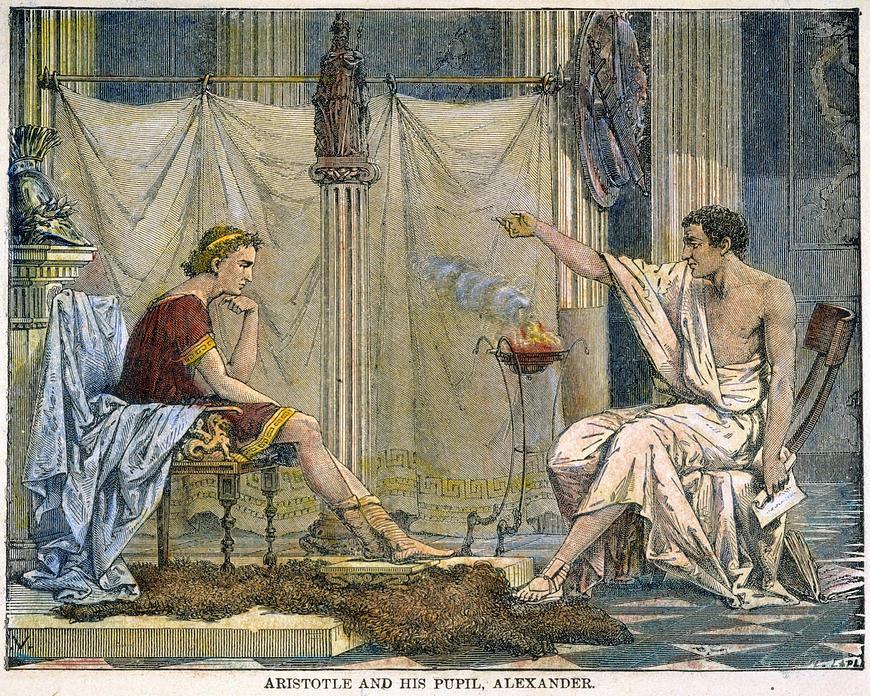 Aristotle teaching Alexander the Great in a 1866 engraving by Charles Laplante. (Public domain)