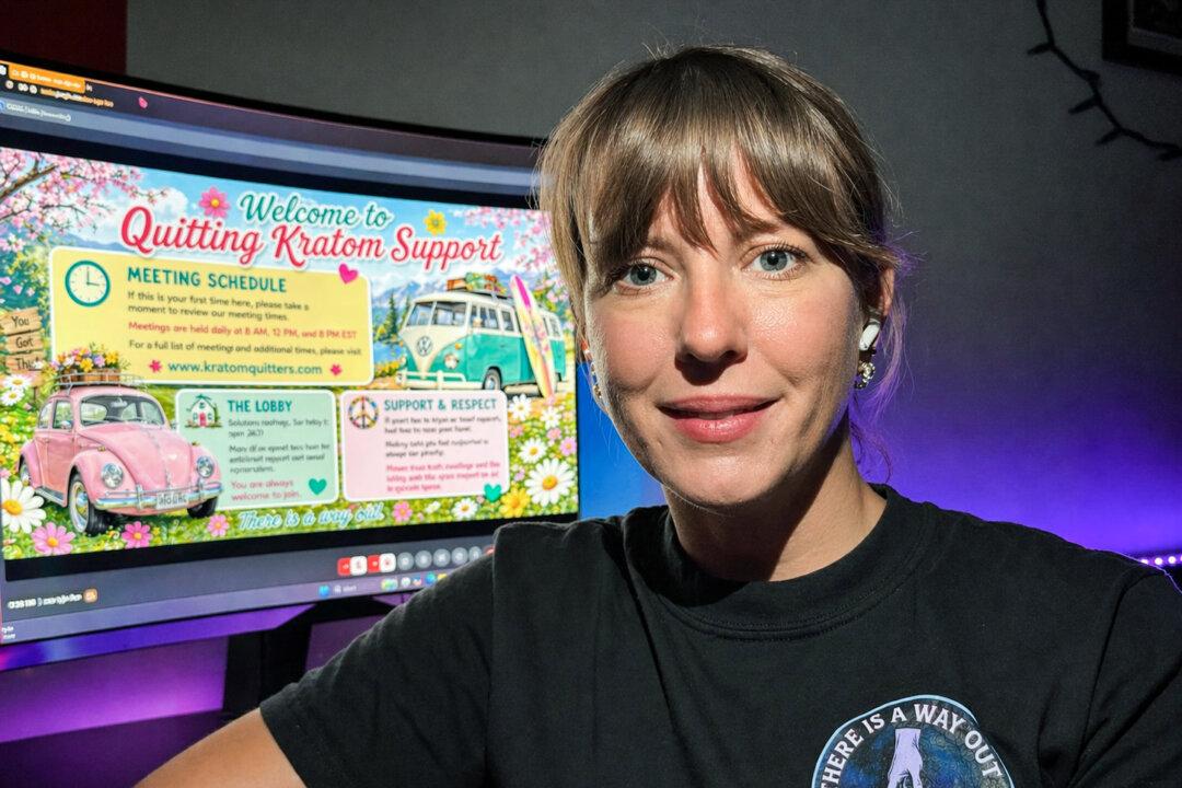 Natalie Melvin, 37, poses next to the computer where she participates in meetings of a peer-support group that helps kratom addicts, Quitting Kratom Support—There Is A Way Out, at her home in Kentucky on April 22, 2026. (Courtesy of Natalie Melvin)
