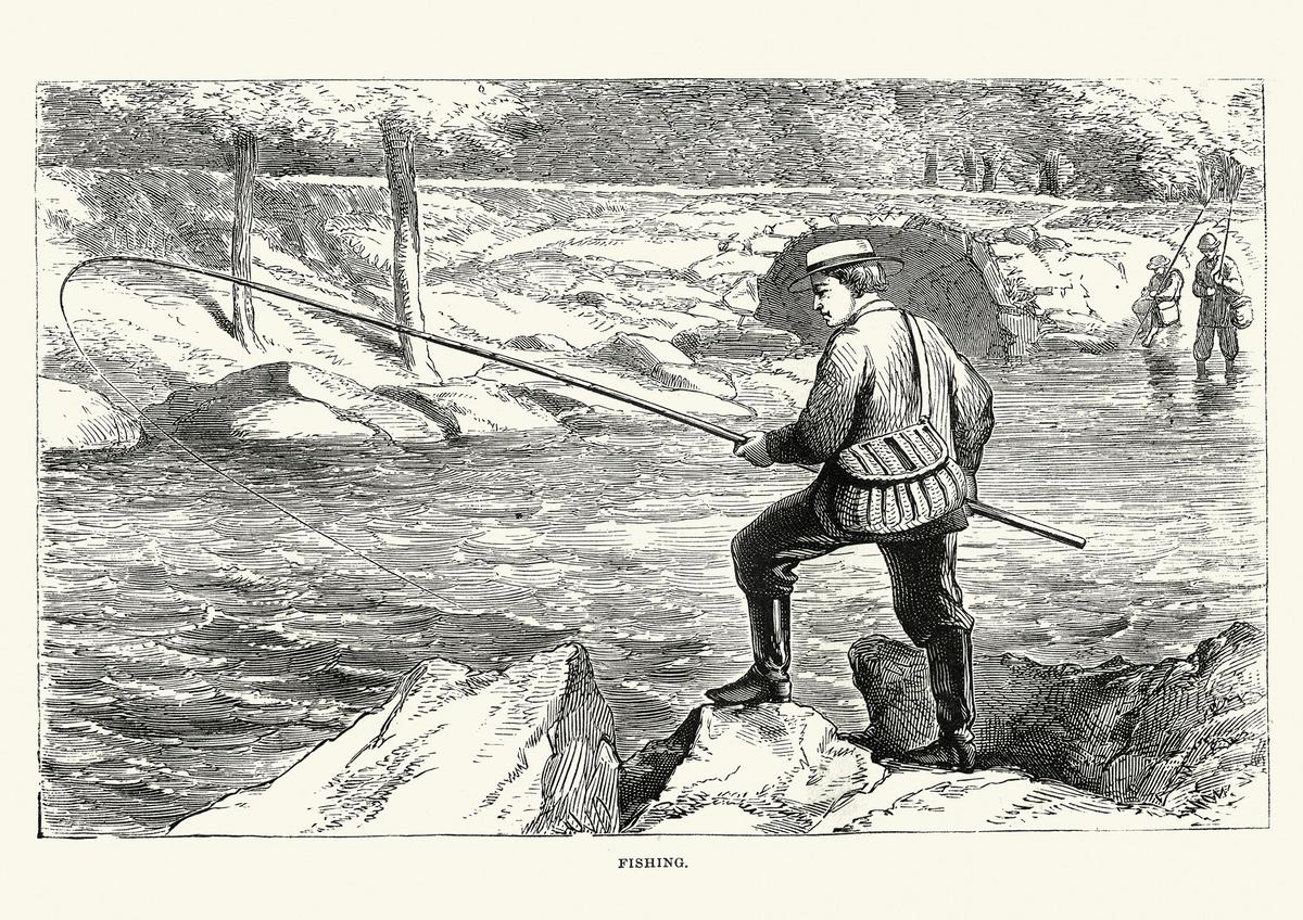 Early fly-fishers relied on long, solid-wood rods and horsehair lines along the riverbanks before the invention of the reel transformed the sport. (duncan1890/Getty Images)