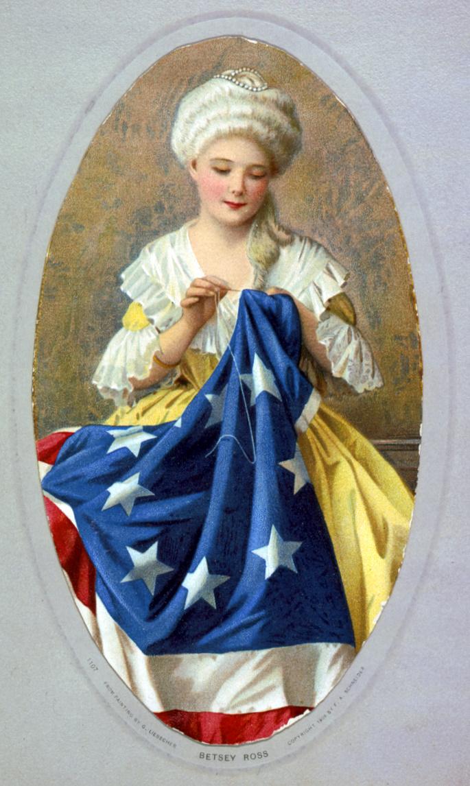Betsy Ross sewing the flag, circa 1908, from a painting by G. Liebscher. (Public Domain)