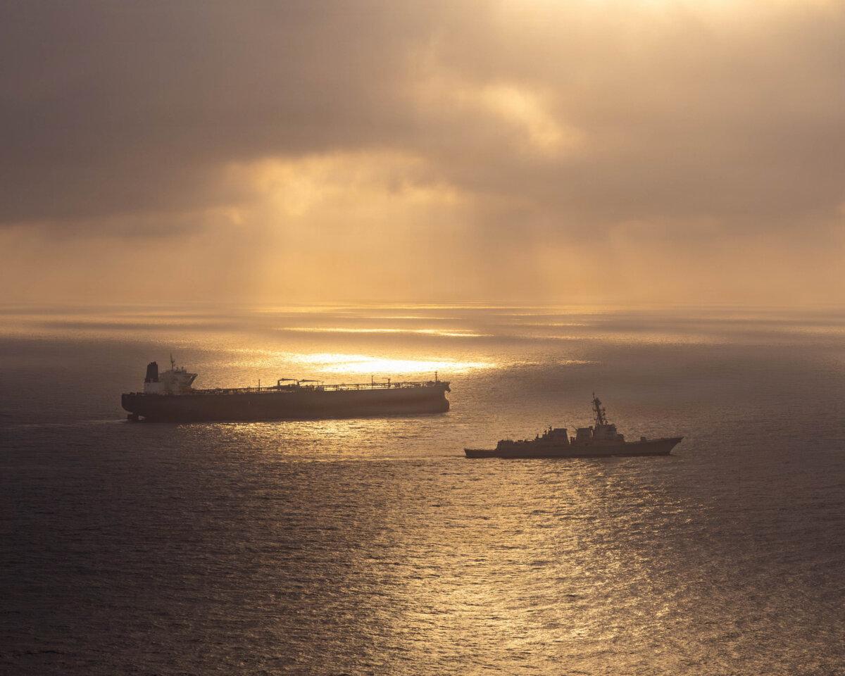 Arleigh Burke-class guided-missile destroyer USS Rafael Peralta (DDG 115) enforces a maritime blockade against an Iranian-flagged ship attempting to sail toward an Iranian port, on April 24, 2026. (U.S. Navy photo)