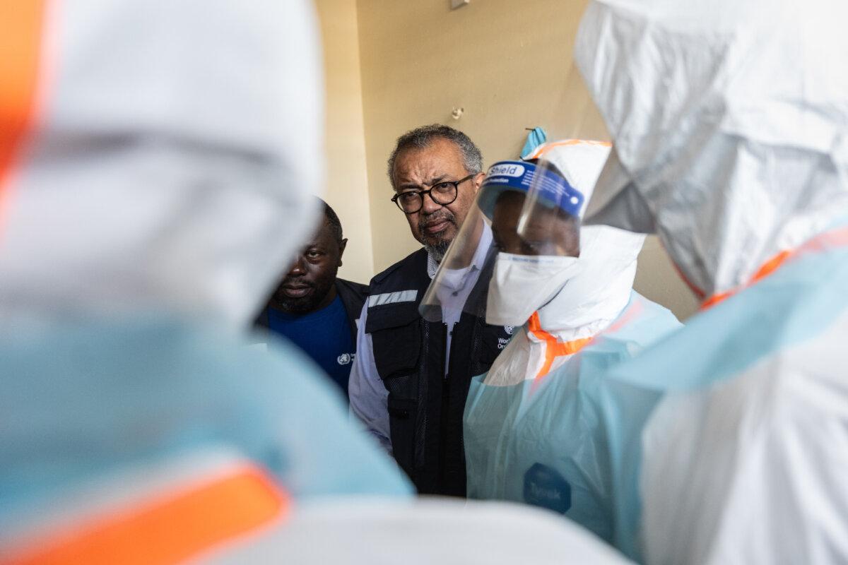 World Health Organization Director-General Tedros Adhanom Ghebreyesus visits health workers at the Evangelical Medical Center in Bunia, Congo, on May 31, 2026. (Moses Sawasawa/AP Photo)