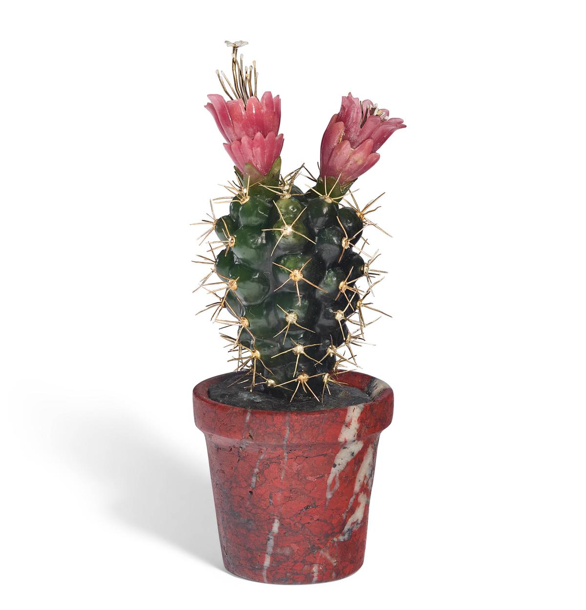 A study of a cactus, circa 1900, by Fabergé, Saint Petersburg. Enamel, gold, hardstone; 4 1/4 inches. (Christie’s)