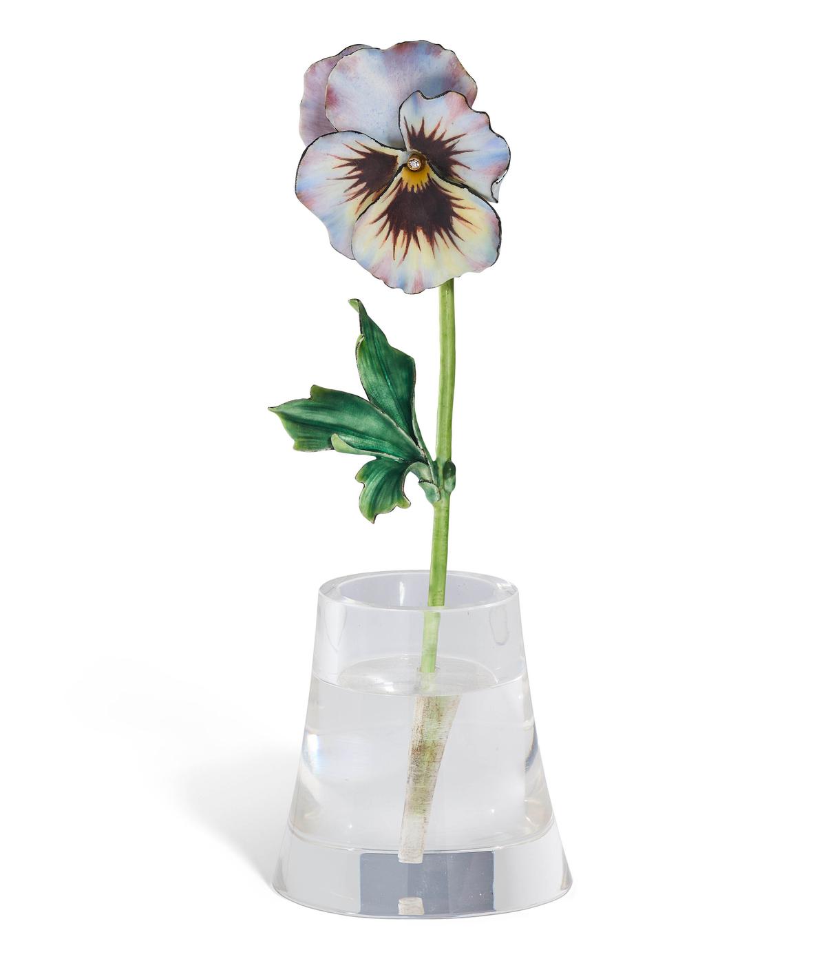 A study of a pansy, circa 1915, by Fabergé, Saint Petersburg. Enamel, silver, rock crystal; 5 1/2 inches. (Christie’s)
