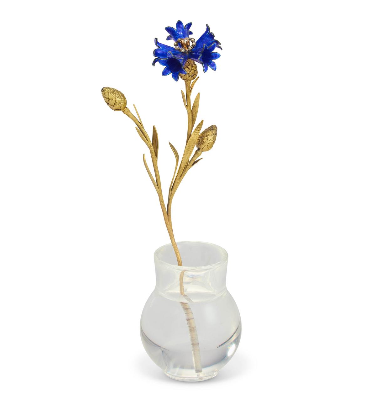 A study of a cornflower, circa 1900, by Fabergé, Saint Petersburg. Enamel, gold, rock crystal; 5 3/8 inches. (Christie’s)