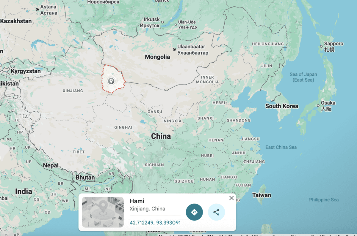 The map shows the Hami area in the Xinjiang region, China. (The Epoch Times)