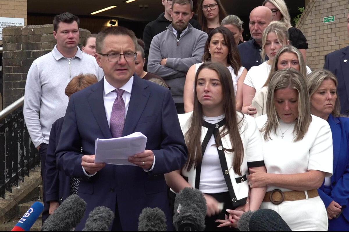 Henry Nowak's father, Mark Nowak (L), speaks to reporters outside Southampton Crown Court in England on June 1, 2026. (Will Heaver/AP)