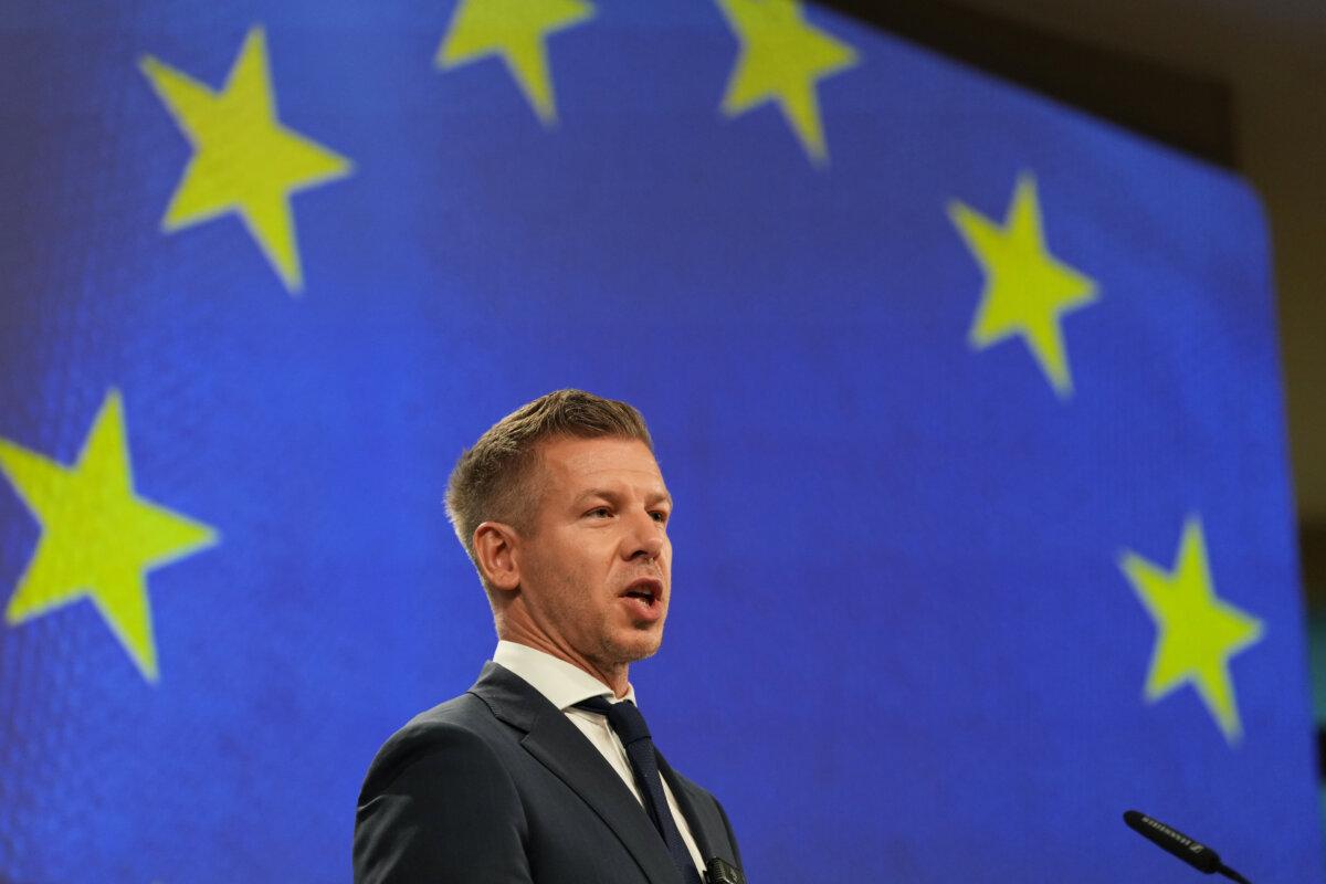 Hungarian Prime Minister Peter Magyar addresses the media at EU headquarters in Brussels on May 29, 2026. (AP Photo/Virginia Mayo)
