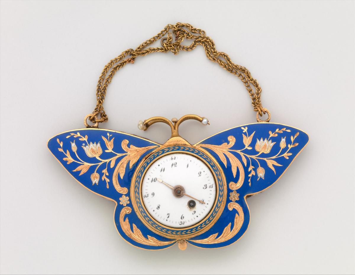 A watch in the form of a butterfly, circa 1840–1850, Swiss. Case of gold, enamel, and pearls; 2 5/8 inches by 1 1/4 inches. Metropolitan Museum of Art, New York City. (Public Domain)